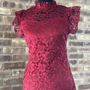 Red, floral lace sheath dress by Enfocus Studio